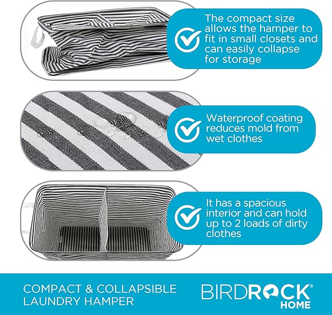 BIRDROCK HOME Collapsible Double Laundry Hamper Basket - Grey & White Stripes Sorter Bin - Compact Dirty Clothes Organizer Bag - Divided Section