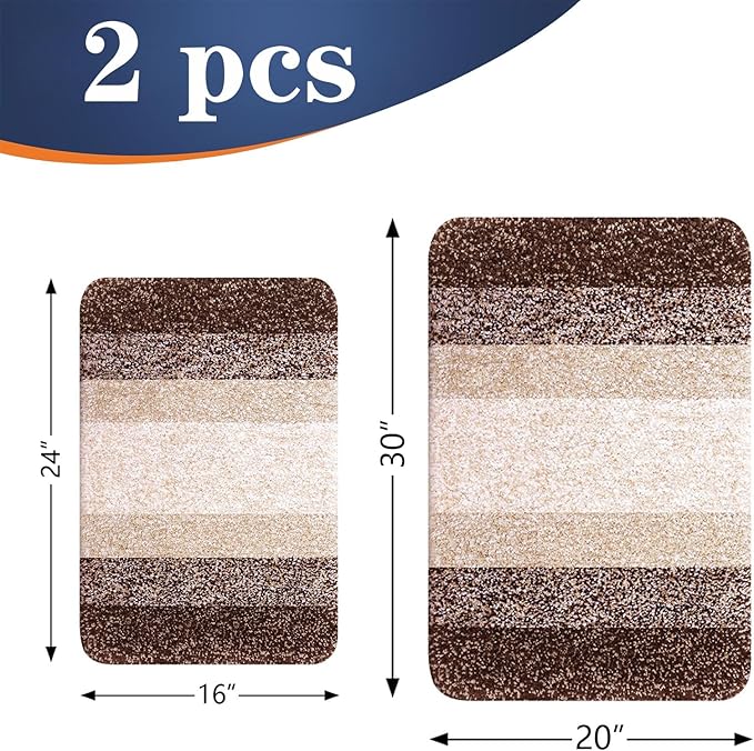 OLANLY Bathroom Rug Set 2 Piece, Soft Absorbent Microfiber Bath Rug Set, Non-Slip, Machine Wash Dry, Plush Shaggy Bath Mats for Bathroom (30"x20"+24"x16", Brown)