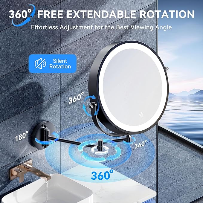 9'' 30X/1X Wall Mounted Lighted Makeup Mirror, 5000mAh Rechargeable Double-Sided Magnifying Mirror with Light, Vanity Bathroom Mirror Touch Dimmable 3 Colors 360° Rotation Extended Arm, Power Adapter