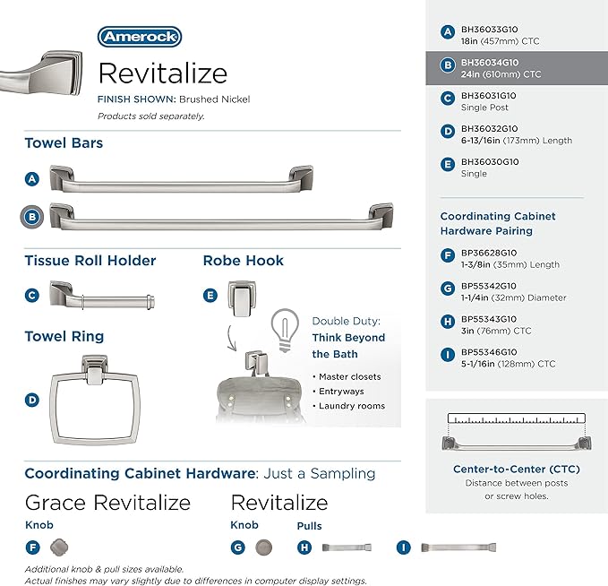 Amerock BH36034G10 | Brushed Nickel Towel Bar | 24 in (610 mm) Towel Rack | Revitalize | Bathroom Towel Holder | Bathroom Hardware | Bath Accessories