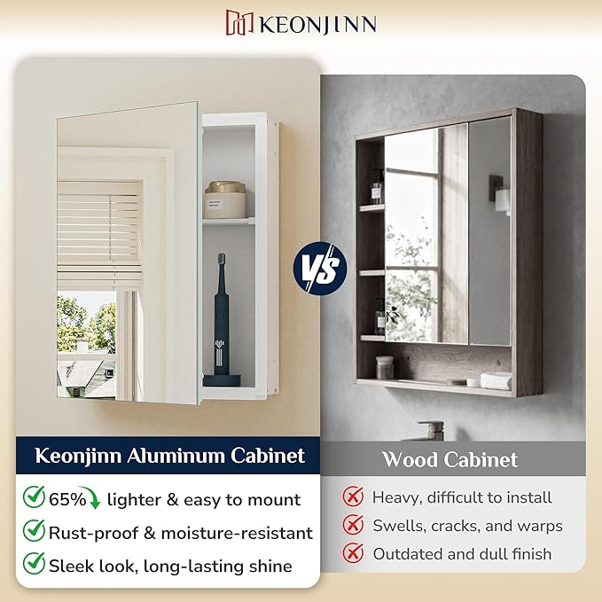 Keonjinn White Medicine Cabinet 14.5 x 18.5 Inch, Assembly Required, Mini Medicine Cabinet Mirror for Compact Bathroom, Free Adjustable Shelves, Wall Mount or Recessed, Tempered Glass
