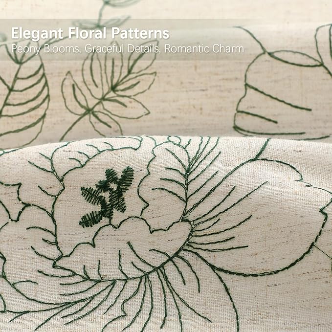 Farmhouse Floral Linen Shower Curtain, Vintage Green Embroidered Pattern Rustic Shower Curtains for Bathroom, Tan Taupe,72x72