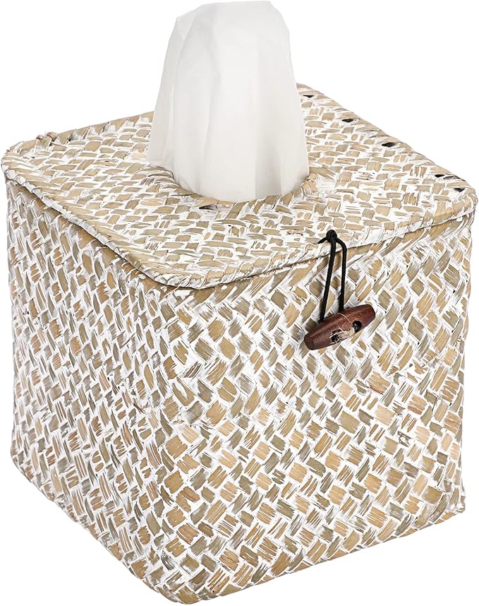 Sumnacon Tissue Box Cover Square Seagrass Tissue Box with Lid, Woven Tissue Box Holder Rustic Cube Tissue Cover for Bathroom Toilet Bedroom Living Room Kitchen Table Desk Office Car, Whitewash