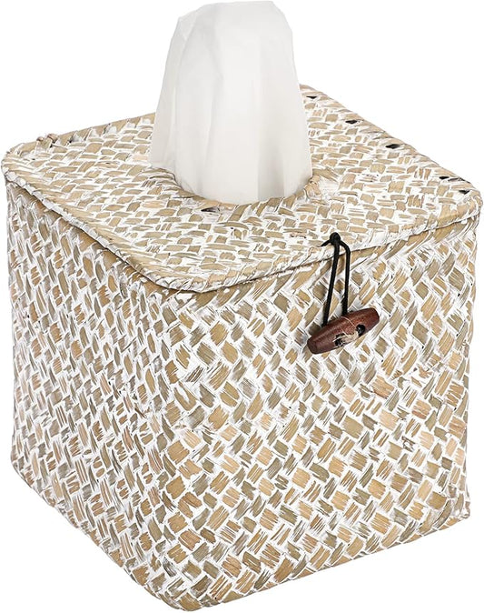 Sumnacon Tissue Box Cover Square Seagrass Tissue Box with Lid, Woven Tissue Box Holder Rustic Cube Tissue Cover for Bathroom Toilet Bedroom Living Room Kitchen Table Desk Office Car, Whitewash