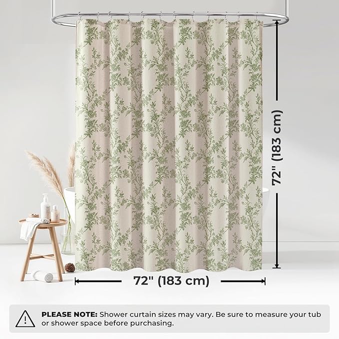 Sage Green Floral Vintage Linen Shower Curtain, French Country Cottagecore Shower Curtains for Bathroom