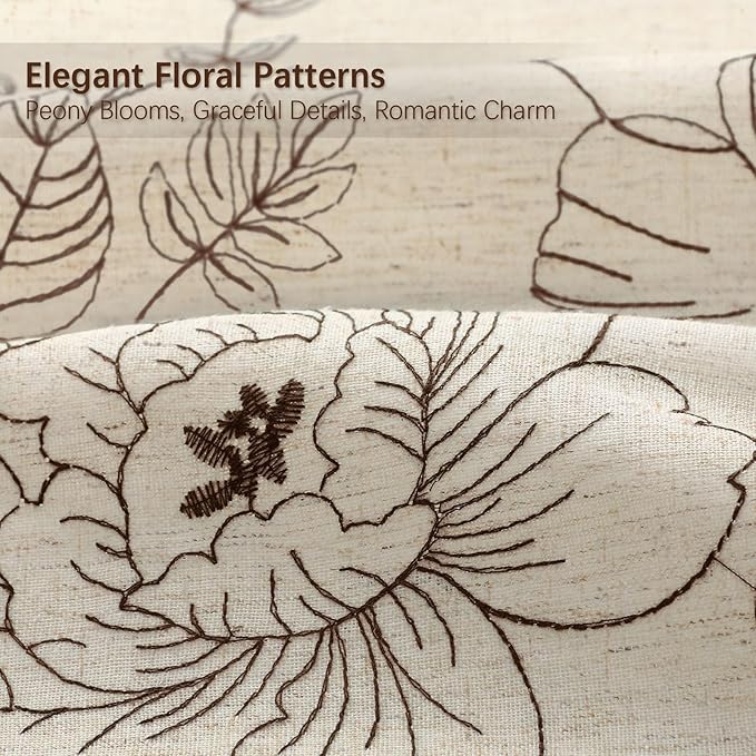 Farmhouse Floral Linen Shower Curtain, Vintage Brown Embroidered Pattern Rustic Shower Curtains for Bathroom, Tan Taupe,72x72