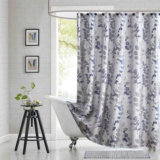 Fabric Shower Curtain 78 Inches Long, Gray and Blue Botanical Branch Leaf Print, Waterproof Bathroom Curtain, 72" W x 78" H