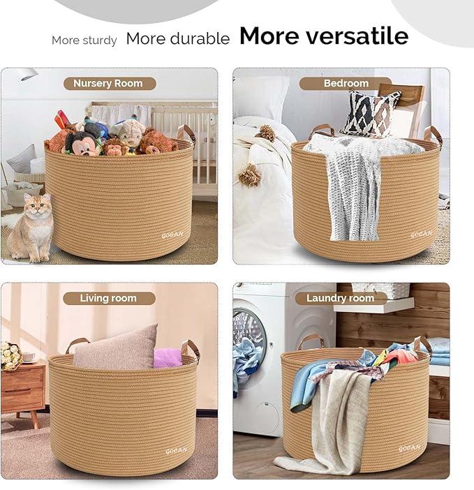 GOCAN Extra Large Storage Laundry Basket 22" X 22"X 14" Cotton Rope Woven Basket for Blanket Basket with Handles for Living Room Toys Storage XXXL (Pure Jute)