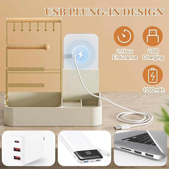 Jewelry Stand With Makeup Mirror, 4 Tiers Jewelry Holder Organizer, Jewelry Display Stand for Bracelet, Necklace, Earrings, Rings, 1000mAh 3-Color Lighting Makeup Mirror, Beige
