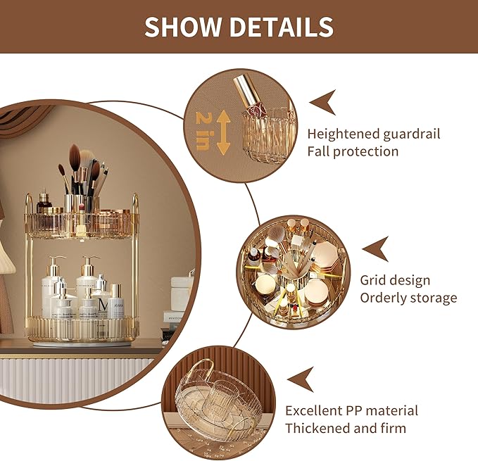YCIA&DONE Rotating Makeup Organizer for Vanity, Large Capacity Make Up Storage Skin care Shelf Perfume Holders Cosmetic Dresser Organizer Countertop Spinning 360 (Amber Gold, 2Tiers)