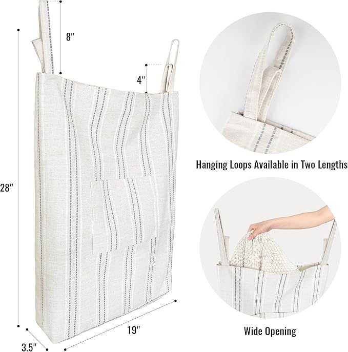 AELS Farmhouse Hanging Laundry Hamper with 2 Hooks, Boho Beige & Gray Stripes Laundry Bag with Zipper & Wide Open Top, Over the Door Organizer for Dirty Clothes, Washable Space Saving Storage