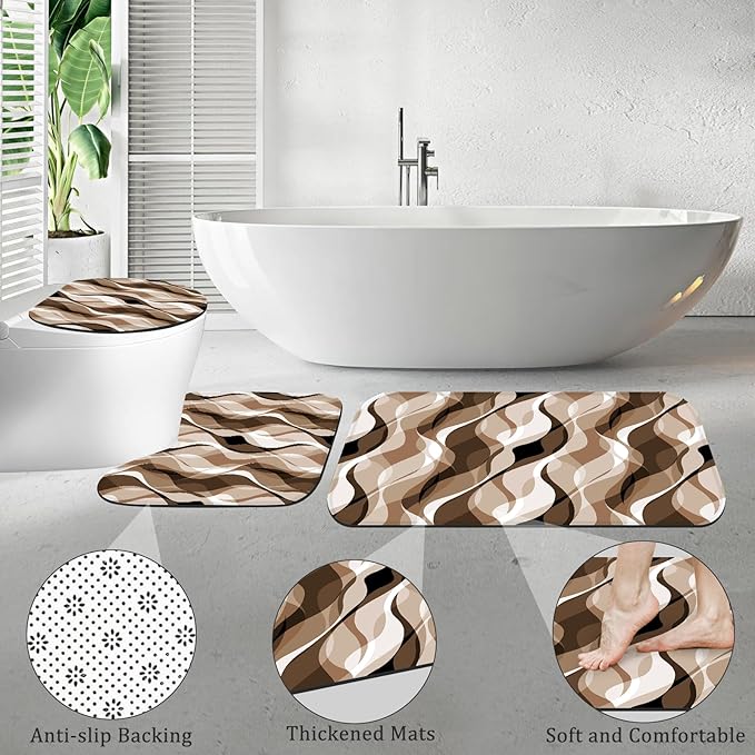 4PCS Brown Bathroom Sets with Shower Curtain and Rugs, Abstract Striped Shower Curtain Sets with Rugs, Modern Luxury Bathroom Curtains Shower Set Accessories