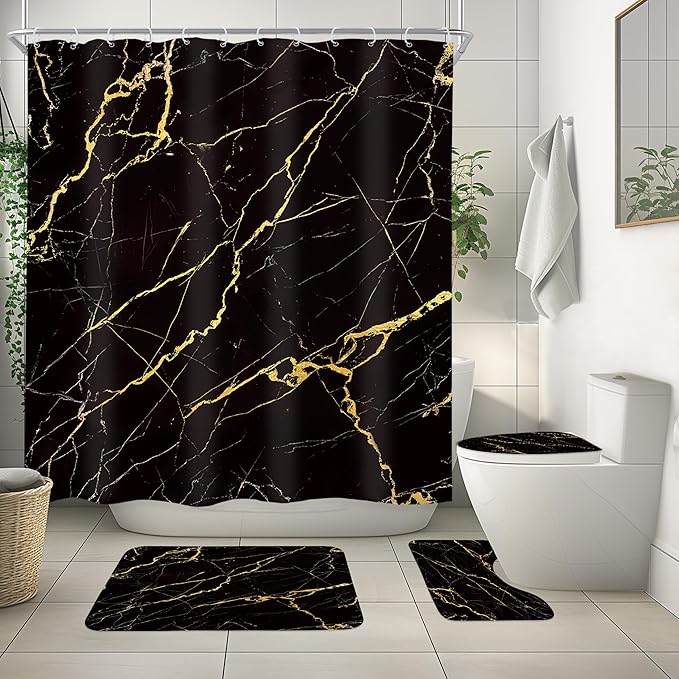 Newsely 4Pcs Black and Gold Marble Shower Curtain Set with Non-Slip Rugs, Toilet Lid Cover and Bath Mat, Abstract Crack Line Shower Curtain with 12 Hooks, Aesthetic Bath Curtain for Bathroom Decor