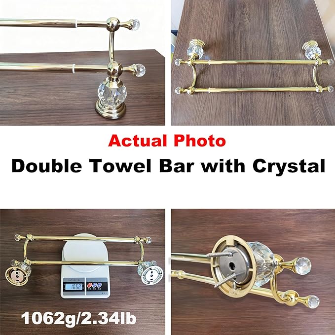 Gold Double Towel Bar with Crystal, Adjustable Towel Racks for Bathroom Wall Mounted 18-30 Inches, Stainless Steel Towel Rod Holder for Modern Luxury Bathroom