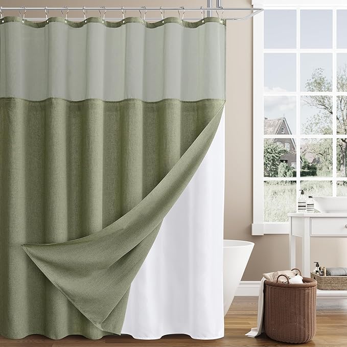 Naturoom Extra Long Linen Shower Curtain, 72x80 Inch Long Neutral Fabric Country Cottage Shower Curtain Set with Liner, Tall Bohemian Farmhouse Bath Curtains for Bathroom Decor,72 x 80 Sage Green