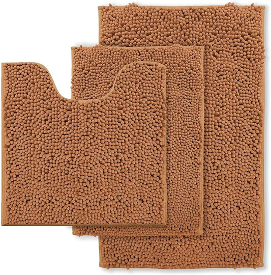 Bathroom Rugs Sets 3 Piece Non Slip Extra Absorbent Shaggy Chenille Bathroom Rugs and Mats Sets, Soft & Dry Bath Rug/Mat Sets for Bathroom Washable Carpets