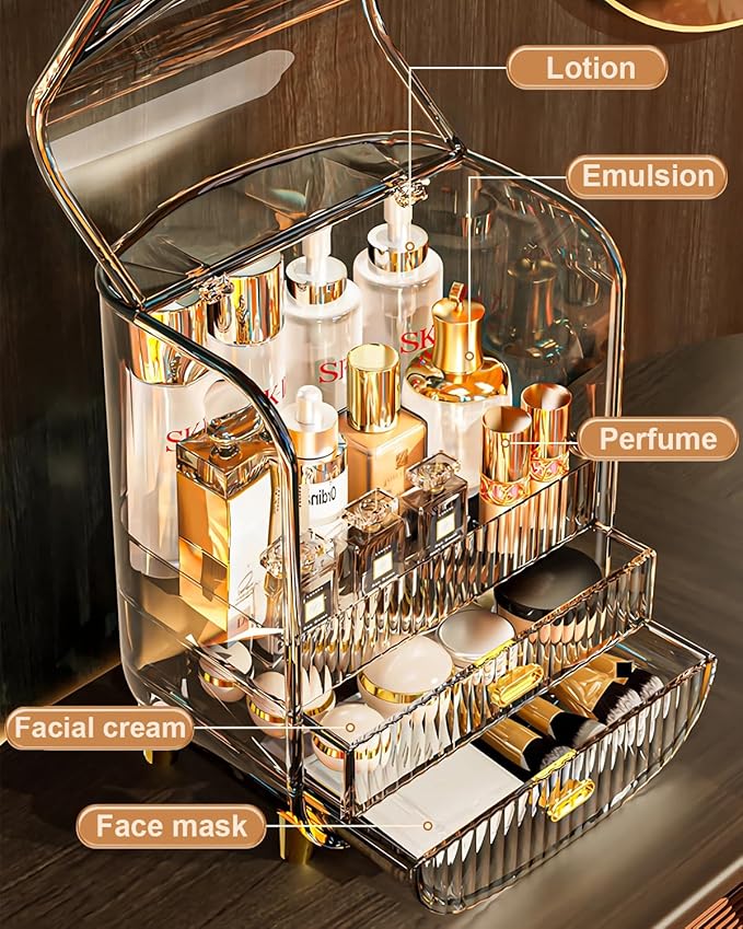 Makeup Organizer, Large Capacity Cosmetics Makeup Organizer for Vanity, Dustproof Waterproof Cosmetics Display Case with Drawers for Skincare, Lipstick, Brushes and Jewelry (Hermes Orange)