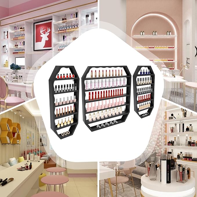 Wall-Mounted Nail Polish Rack, Set of 3 Octagonal Black Nail Polish Shelf Lipstick Perfume Cosmetic Display Shelf for Home Spa Nail Salon Shop