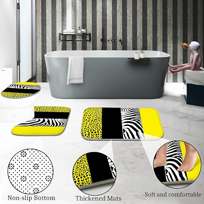 Poedist 4 Pcs Bathroom Shower Curtain Set, Yellow Print Bright Style Shower Curtain Sets with Rugs (Bath Mat, U Shape and Toilet Lid Cover Mat) and 12 Hooks