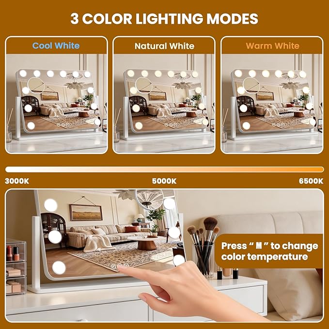 Vanity Mirror with Lights, 18"×14" Hollywood Makeup Mirror with 12 Dimmable Bulbs, 3-Color Lighting, Dimmable, 360° Rotation, 10x Magnification, Desk Mirror, Bedroom (White)