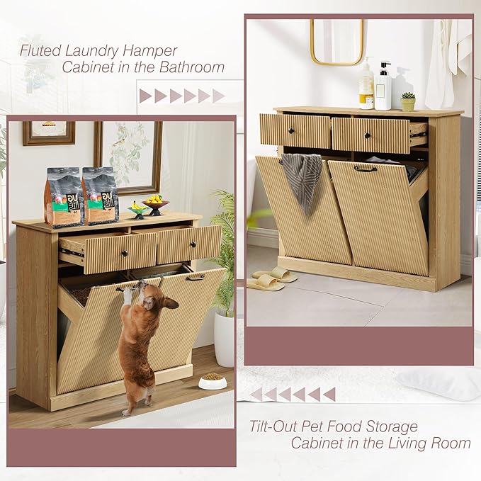 Double Tilt Out Laundry Hamper Cabinet, Modern Fluted Trash Can Cabinets with Drawer, Wooden 22 Gallon Hidden Garbage Cabinet with Storage Baskets for Kitchen Bathroom(Natural Oak, Full)
