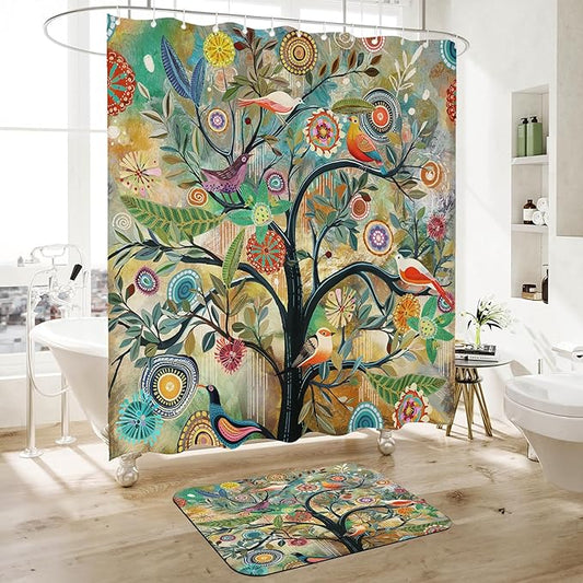 Shower Curtain Set with Non-Slip Quick Dry Rugs16 x 24" and Bathroom Colorful Boho Floral Print Waterproof Fabric Bath Shower Curtain 72" x 72"