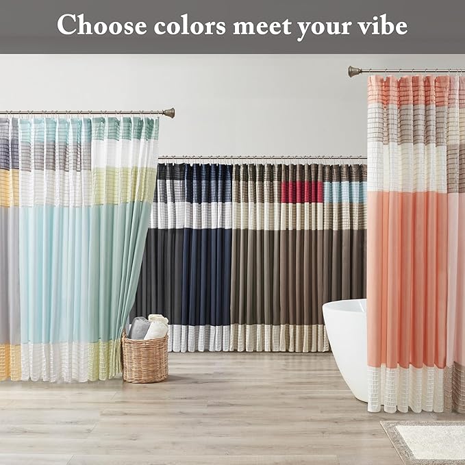 Madison Park Amherst Bathroom Shower Curtain Faux Silk Pieced Striped Modern Microfiber Bath Curtains, 72x72 Inches, Black