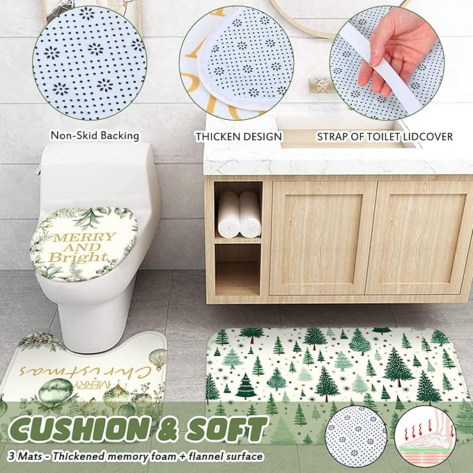 Drydiet 4 Pcs Christmas Shower Curtain Set Bathroom Decoration Non Slip Rugs Mat Toilet Lid Cover Shower Curtain for Xmas Holiday Farmhouse Home Bathroom Decor(Green Christmas)