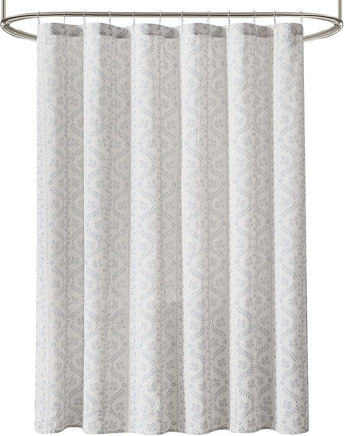 Lush Decor Doreen Delicate Floral Linen Textured Shower Curtain Single 72" W x 72" L Blue - Floral Shower Curtains for Bathroom - Bathroom Curtain