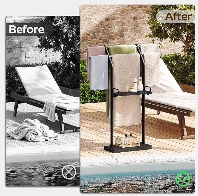 YATINEY Free Standing Towel Rack, Taller Double-T Shape Bath Sheet Holder for Bathroom, Floor Blanket Holder Stand with Weighted Base, 4-Tier Towel Storage Rack, for Living Room, Balcony, Black CJ20BB