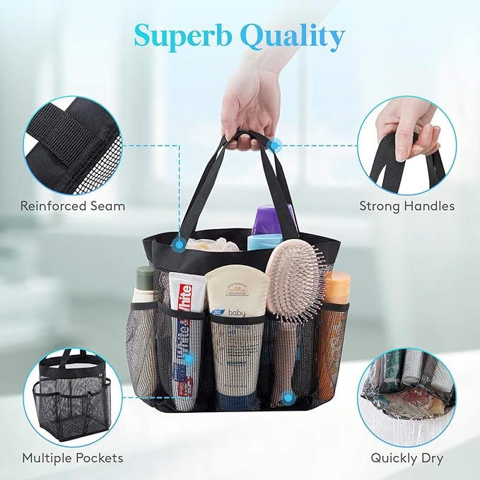 Lifewit Mesh Shower Caddy Portable for College Dorm Room Essentials with 7 Pockets, Freestanding Hanging Organizer Basket, Quick Dry Tote Bag for Camping, Bathroom, Beach, Travel, 1 Pack, Black