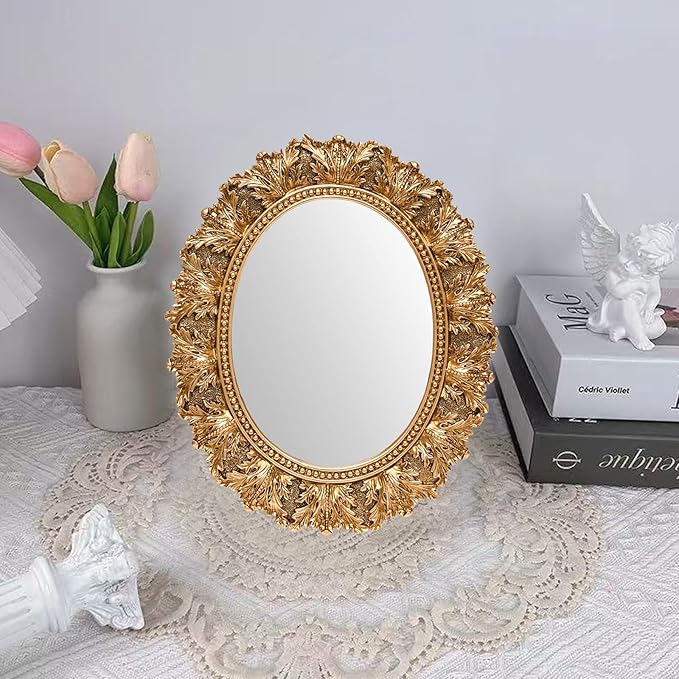 JANDERART Small Oval Vintage Mirror 12.5x10.5 Inch, Antique Ornate Decorative Mirror for Desk & Wall, Vanity Mirror for Makeup, Gold