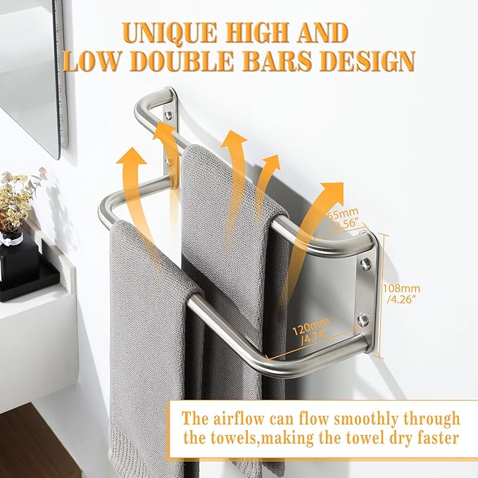 Alise Double Towel Bar,16 Inch Towel Racks for Bathroom, SUS304 Stainless Steel Towel Bar for Bathroom Wall,Quick Drying Bathroom Towel Holder Bath Towel Hanger,Brushed Nickel