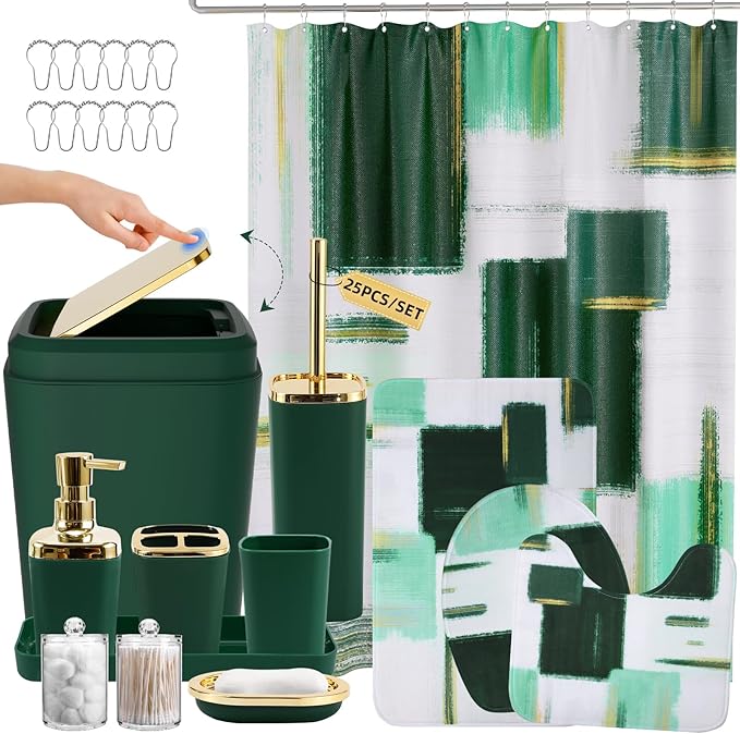 XLHOMO Bathroom Accessories Set - 25PC Bathroom Set with Shower Curtain and Rugs, Green Bathroom Set, Bathroom Accessory Set with Press-on Lid Trash Can, Soap Dispenser and Qtip Holders