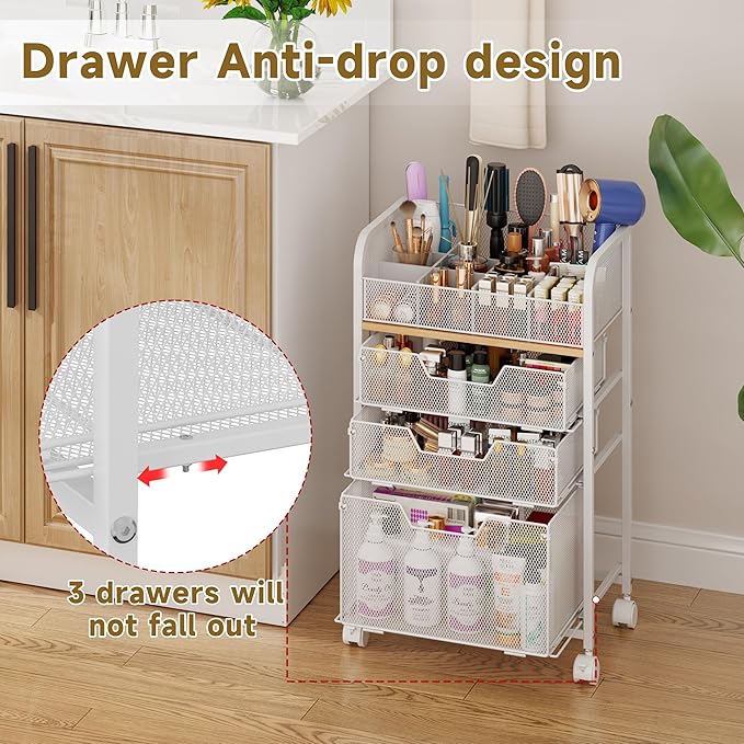 Makeup Cart Organizer with 3 Drawers, Under Desk Storage Drawers,Floor Skincare & Makeup Organizer, Vanity Storage for Cosmetics, Nail Polish, Perfume, Makeup Brushes, Hair Tools, White