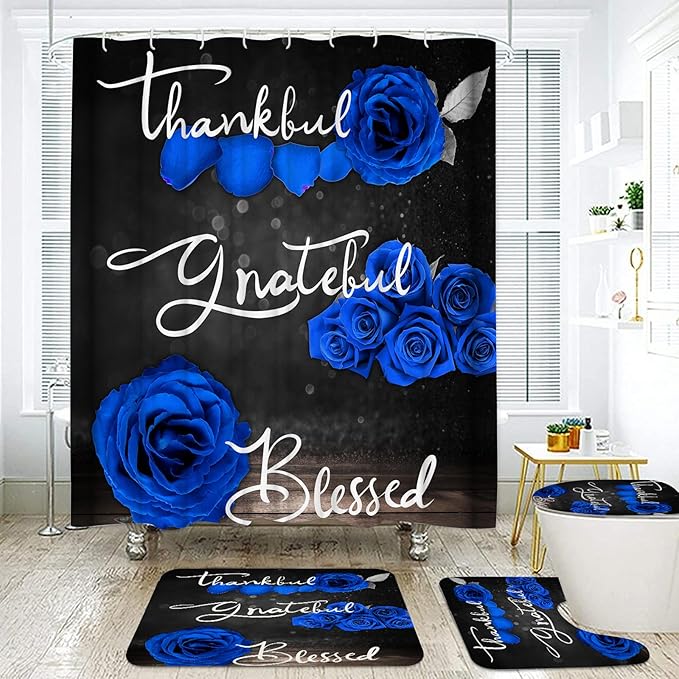 Onalasyc 4Pcs Blue Rose Shower Curtain Set with Rugs Waterproof Bathroom Sets with Shower Curtain and Rugs Romantic Rose Floral, Thankful Grateful Blessed Bathroom Curtains Shower Set,with 12 Hooks