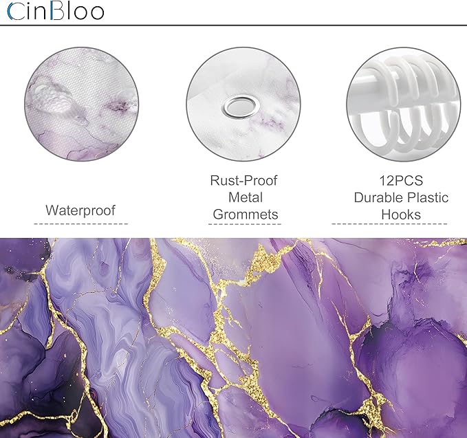 Cinbloo Purple Marble 72Wx72H Shower Curtain Abstract Modern Lilac Gold Cracked Lines Ombre Minimalist Elegant Contemporary Luxury Bathroom Curtain Set Aesthetic Bath Bathroom Accessories Decor