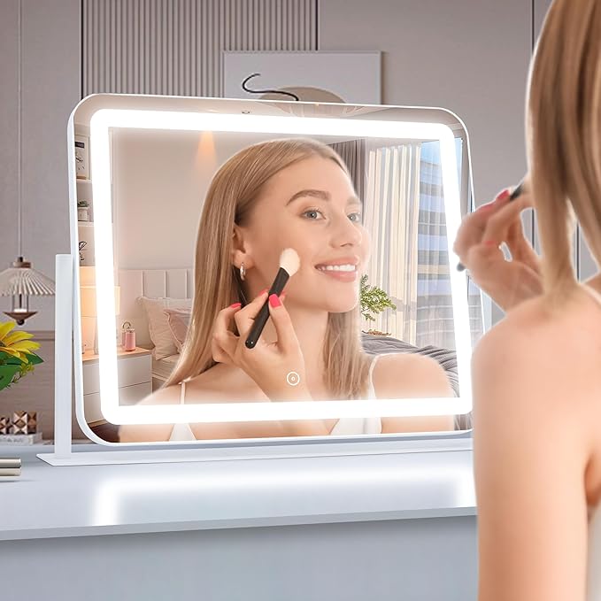 Acoolda Vanity Mirror with Lights, Large Makeup Mirror, LED Lighted, 3 Color Modes, 360 Rotation, 22.2" x 16.3" White