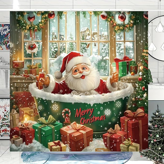Dreamrflove Christmas Shower Curtain，Santa Claus Tub ，Winter Christmas Shower Curtains for Bathroom ，Cute Funny Shower Curtain，72x72 Inch Waterproof Polyester Insulated Home Decor Set ，with Hooks