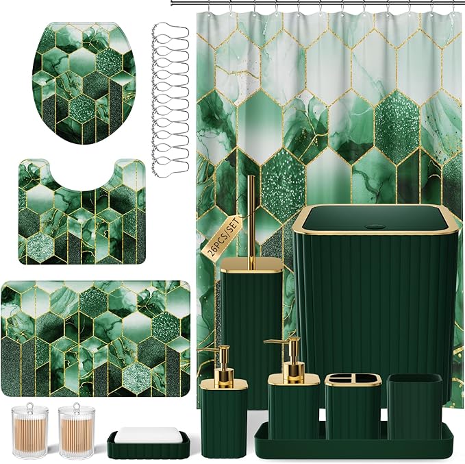 XLHOMO Bathroom Set - 26PC Bathroom Set with Shower Curtain and Rugs, Bathroom Accessory Set, Dark Green Bathroom Accessories Set, Trash Can & Soap Dispenser