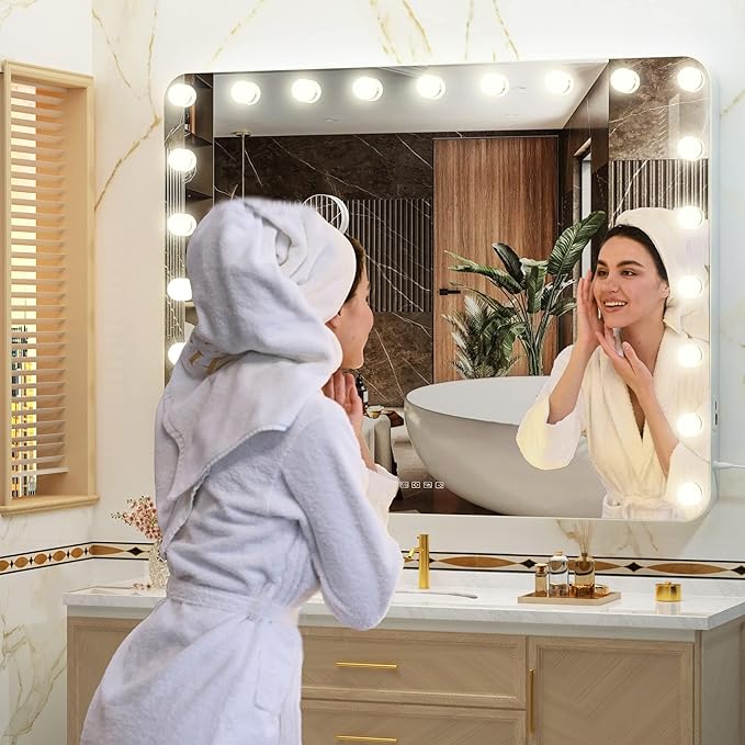 Hasipu Vanity Mirror with Lights and Bluetooth Speaker, 39.4" x 28.7" Hollywood Makeup Mirror with 21 Dimmable Bulbs and 10X Magnification, 3 Colors Modes, USB Charging Port, Type-C (White)