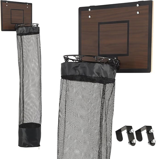 Over the Door Basketball Hoop Laundry Basket ,Wooden Basketball Laundry Hamper with Zipper for Kids Room,Dorm Rooms,Bathroom,Saving Space Storage and Organization (Dark Walnut)