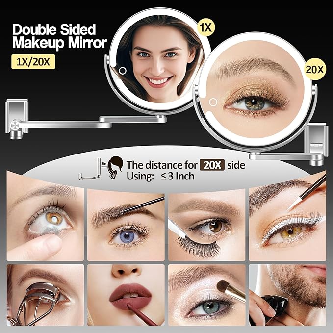 MOMOKUBA Wall Mounted Makeup Mirror, Aluminum Alloy Magnifying Mirror with Light 20X/1X Double-Sided, Height Adjustable, 3 Colors Led Vanity Mirror with Lights, Moisture & Corrosion Resistant Bathroom