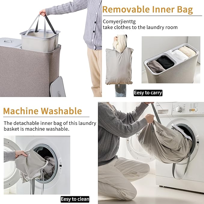 150L laundry hamper with lid, Large-sized Laundry Baskets, Portable 2 Dividers Dirty Clothes Basket with Handles, for Bedroom Laundry Room Closet Bathroom College, Grey