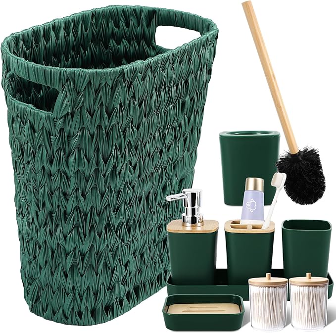 XLHOMO Dark Green Bathroom Accessories Set with Wicker Trash Can, Dark Green Bathroom Accessories Set Bathroom Sets Small Waste Basket Bathroom Trash Can for Bedroom Bathroom