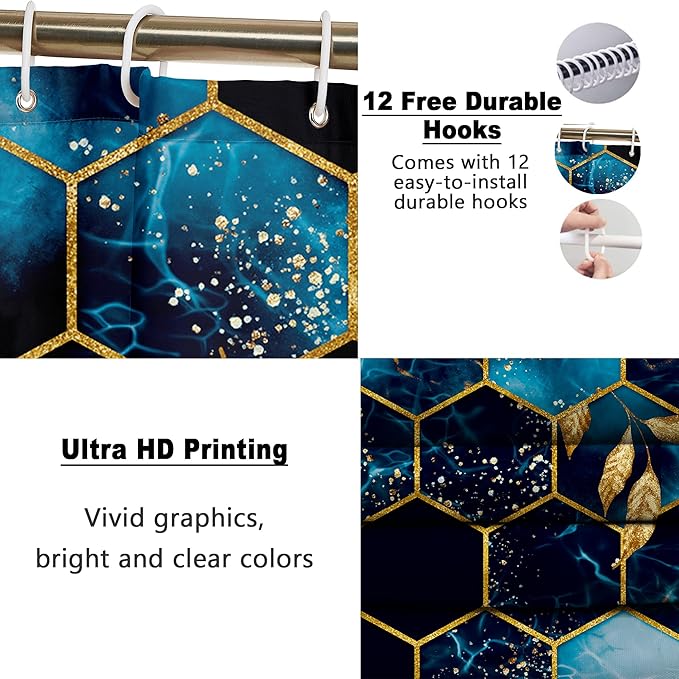 Poedist 4 Pcs Bathroom Shower Curtain Set,Bathroom Sets with Rugs(Bath Mat,U Shape and Toilet Lid Cover Mat) and 12 Hooks,Sky Blue Honeycomb Marble