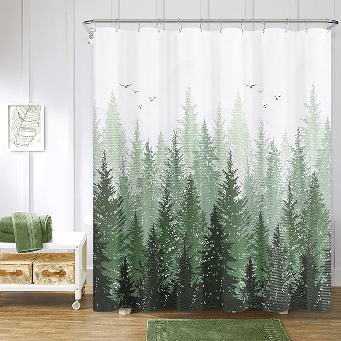 Hokibero Olivie Green Misty Forest Mountain Nature Tree Fabric Shower Curtains for Bathroom Waterproof Heavy Duty Green and White Woohitedland Shower Curtain Bathtubs Hotel, 72 x 72 inch