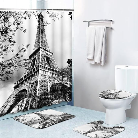 Britimes 4 Piece Shower Curtain Sets, with 12 Hooks, Eiffel Tower Paris Iron Black with Non-Slip Rugs, Toilet Lid Cover and Bath Mat, for Bathroom Decor Set, 72" x 72"