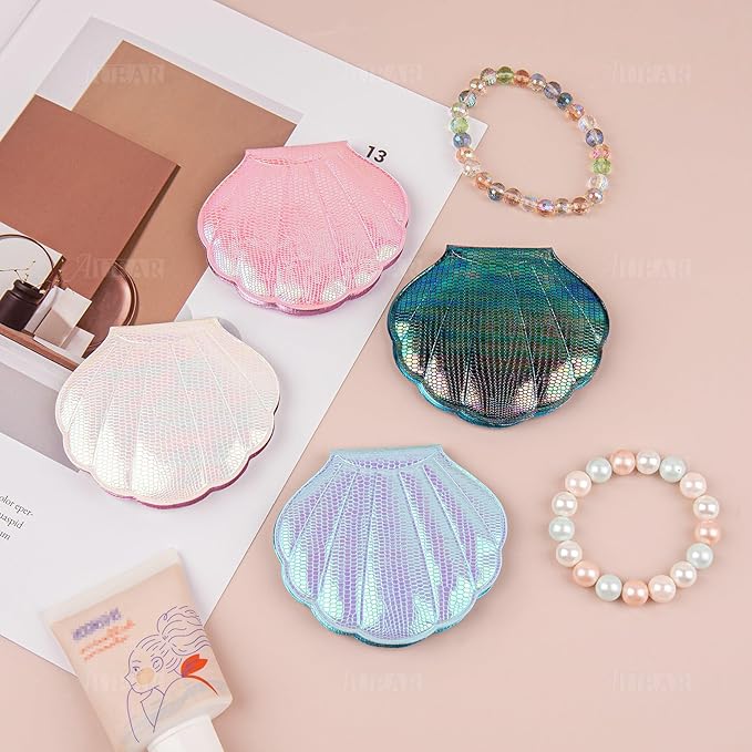 AUEAR, 4 Pack Glitter Shell Double-Sided Magnification Makeup Mirrors Colors Handheld Compact for Purse Handbag Pocket