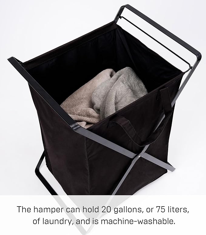 Yamazaki Home Tower Laundry Hamper Clothes Basket With Cotton Liner - Large, 25.2" - Steel + Cotton - 20 Gallons, 75 Liters